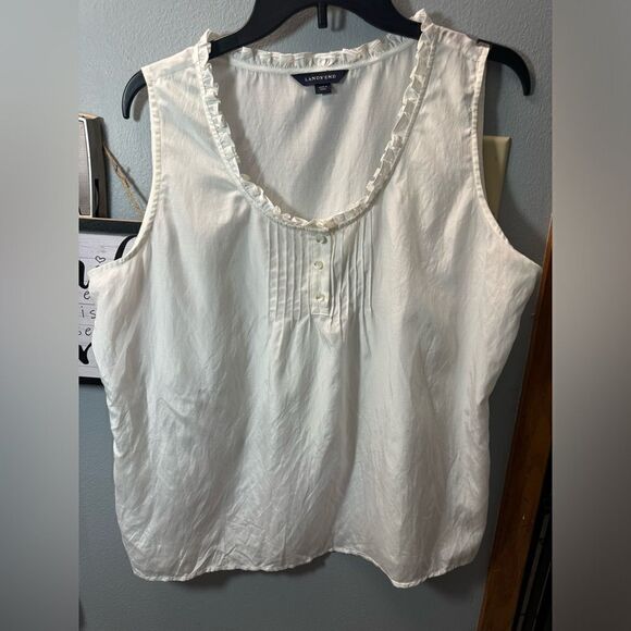 Land's End Sleeveless White Ruffle Blouse Size 14 Petite Swiss/ Baulmole - Picture 4 of 9